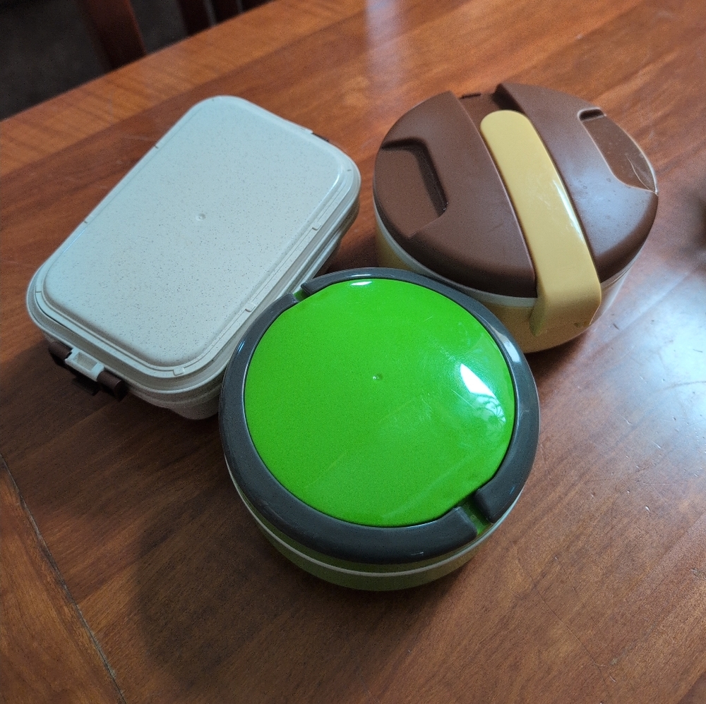 Set of 3 Lunch Containers in Green, Brown, and Cream - Bento Boxes, Food Storage